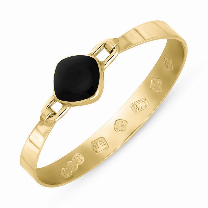 9ct Yellow Gold Whitby Jet Queen's Jubilee Hallmark Wide Cushion Bangle D