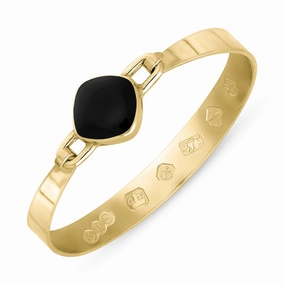 9ct Yellow Gold Whitby Jet Queen's Jubilee Hallmark Wide Cushion Bangle D