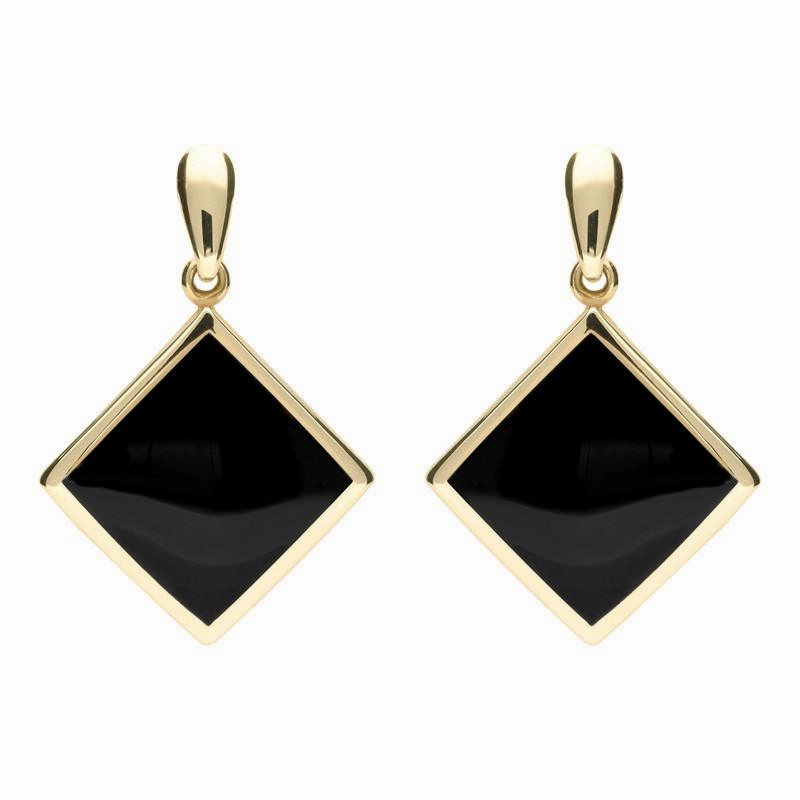 9ct Yellow Gold Whitby Jet Rhombus Drop Earrings