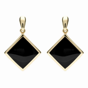 9ct Yellow Gold Whitby Jet Rhombus Drop Earrings