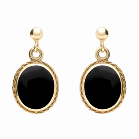 9ct Yellow Gold Whitby Jet Rope Edge Oval Drop Earrings