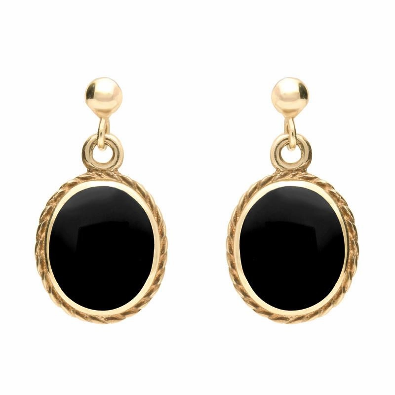 9ct Yellow Gold Whitby Jet Rope Edge Oval Drop Earrings