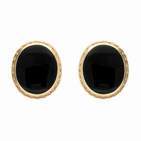 9ct Yellow Gold Whitby Jet Rope Edge Oval Stud Earrings
