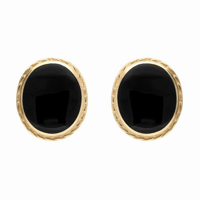 9ct Yellow Gold Whitby Jet Rope Edge Oval Stud Earrings