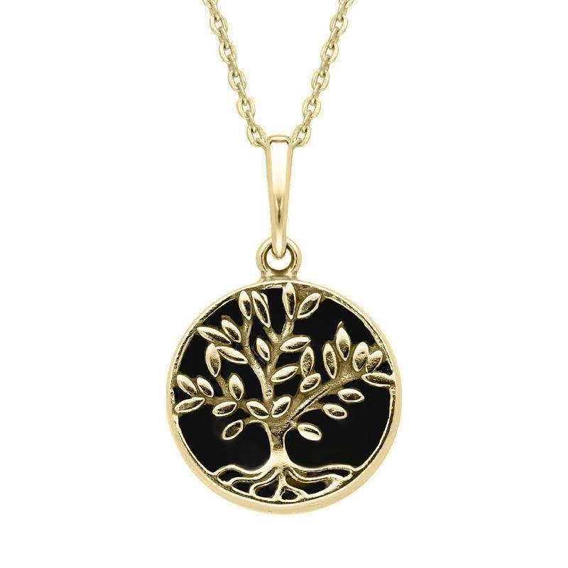 9ct Yellow Gold Whitby Jet Round Large Leaves Tree of Life Two Piece Set