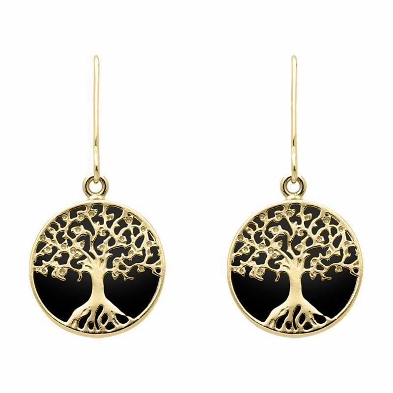 9ct Yellow Gold Whitby Jet Round Tree Drop Earrings