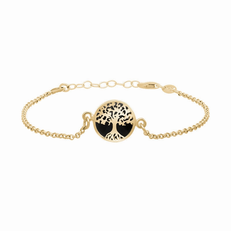 9ct Yellow Gold Whitby Jet Round Tree of Life Chain Bracelet