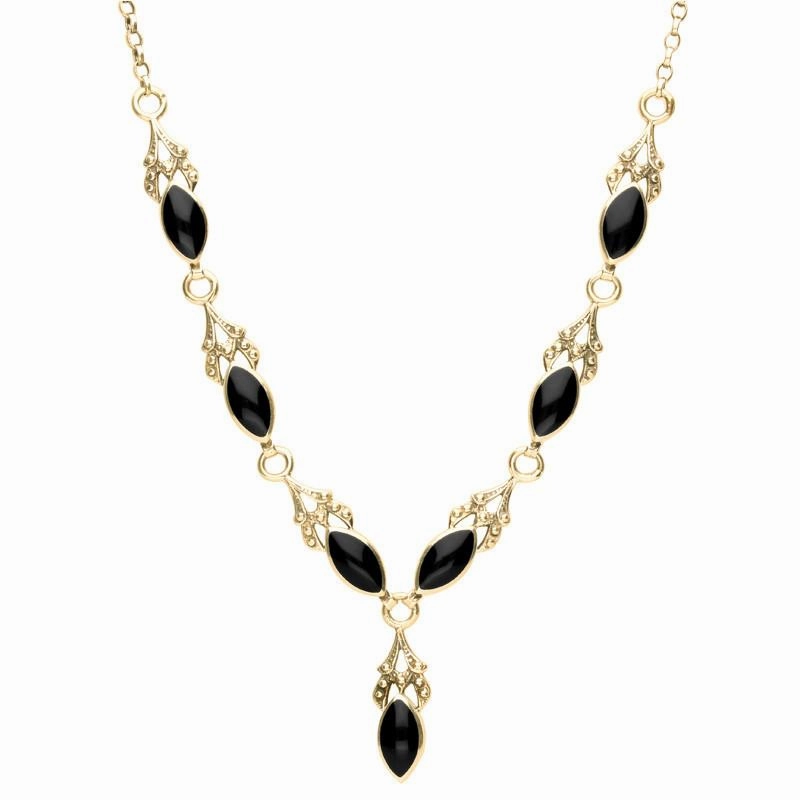 9ct Yellow Gold Whitby Jet Seven Stone Marquise Necklace