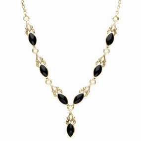 9ct Yellow Gold Whitby Jet Seven Stone Marquise Necklace