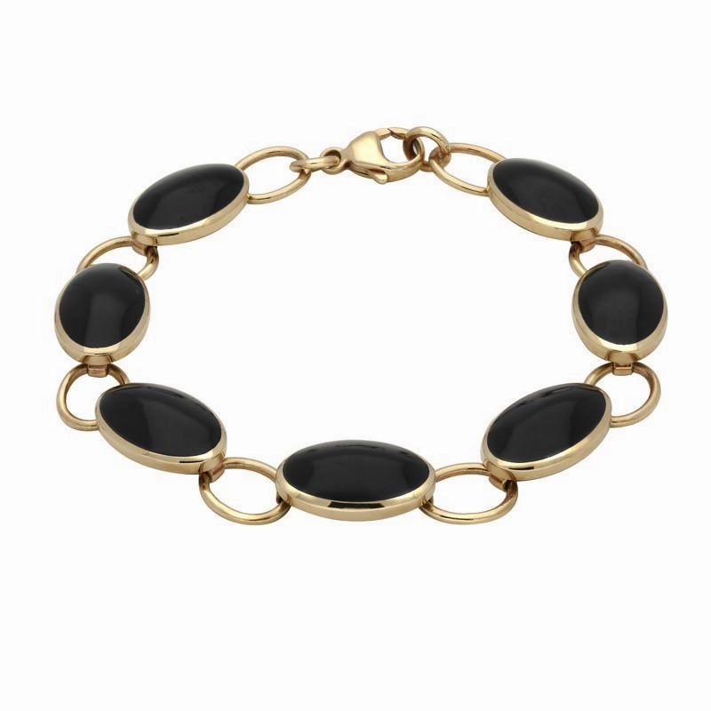 9ct Yellow Gold Whitby Jet Seven Stone Oval Bracelet