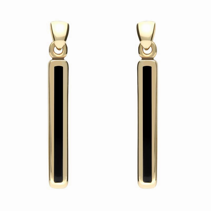 9ct Yellow Gold Whitby Jet Short Slim Drop Earrings