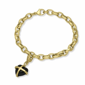9ct Yellow Gold Whitby Jet Small Cross Heart Charm Bracelet