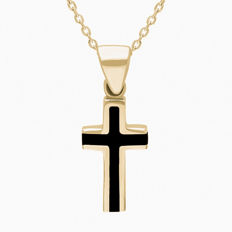 9ct Yellow Gold Whitby Jet Small Slim Cross Necklace D