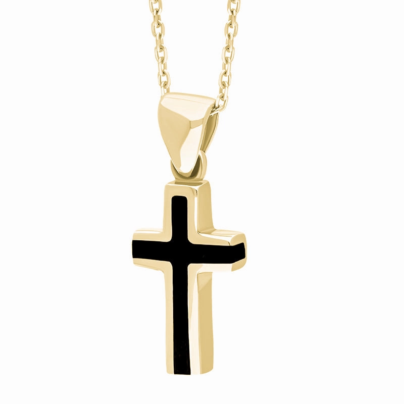 9ct Yellow Gold Whitby Jet Small Slim Cross Necklace D