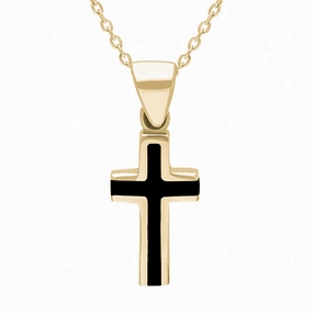 9ct Yellow Gold Whitby Jet Small Slim Cross Necklace D