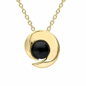 9ct Yellow Gold Whitby Jet Spiral Flower Necklace