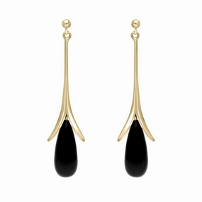 9ct yellow Gold Whitby Jet Split Flute Dropper Earrings