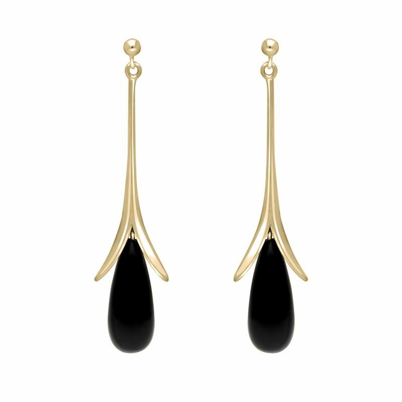 9ct yellow Gold Whitby Jet Split Flute Dropper Earrings