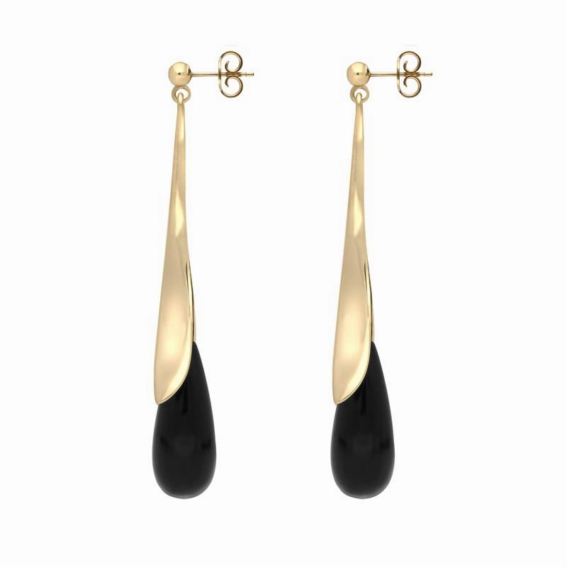 9ct yellow Gold Whitby Jet Split Flute Dropper Earrings