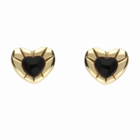 9ct Yellow Gold Whitby Jet Stone Heart Stud Earrings