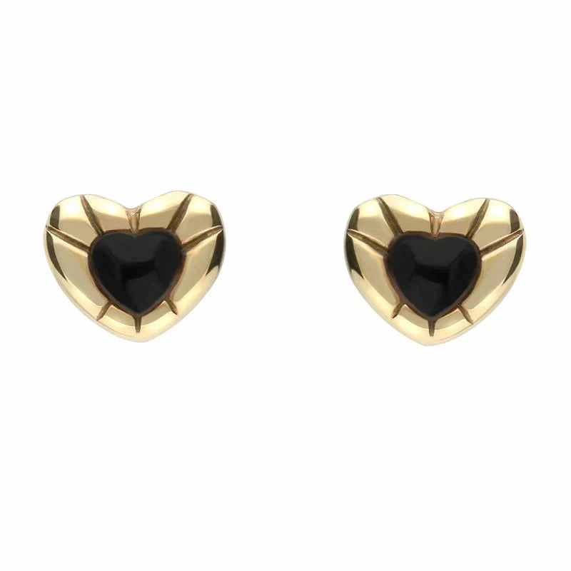 9ct Yellow Gold Whitby Jet Stone Heart Stud Earrings