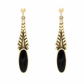 9ct Yellow Gold Whitby Jet Tapered Flute Drop Earrings