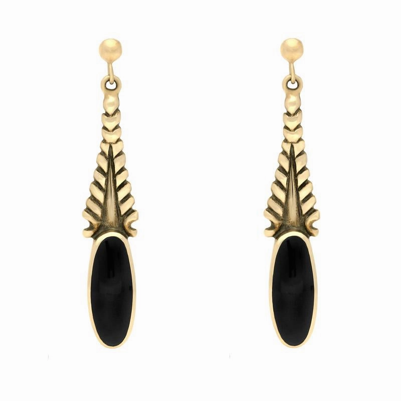 9ct Yellow Gold Whitby Jet Tapered Flute Drop Earrings