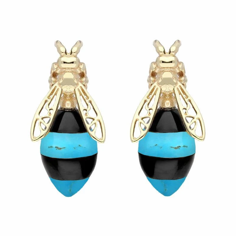 9ct Yellow Gold Whitby Jet Turquoise Bee Stud Earrings
