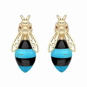 9ct Yellow Gold Whitby Jet Turquoise Bee Stud Earrings