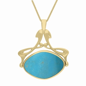 9ct Yellow Gold Whitby Jet Turquoise Bell Diamond Swivel Fob Necklace