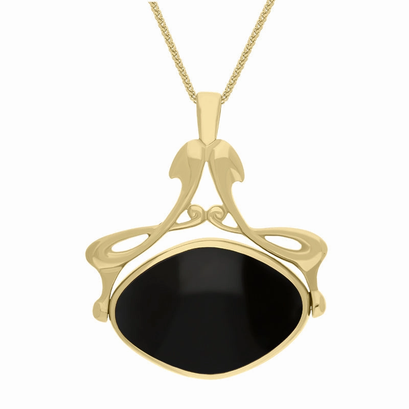 9ct Yellow Gold Whitby Jet Turquoise Bell Diamond Swivel Fob Necklace