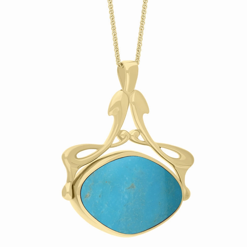9ct Yellow Gold Whitby Jet Turquoise Bell Diamond Swivel Fob Necklace