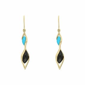 9ct Yellow Gold Whitby Jet Turquoise Double Graduated Twist Drop Earrings