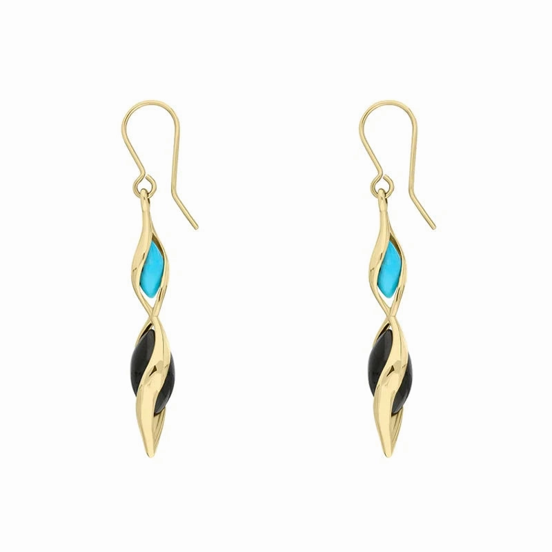 9ct Yellow Gold Whitby Jet Turquoise Double Graduated Twist Drop Earrings