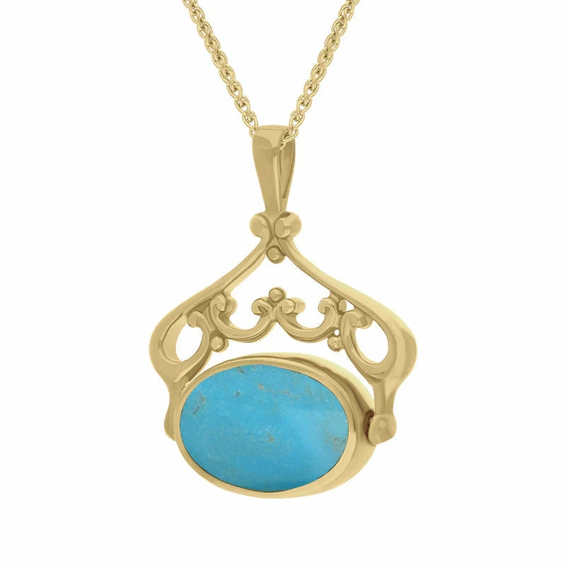 9ct Yellow Gold Whitby Jet Turquoise Double Sided Oval Swivel Fob Necklace