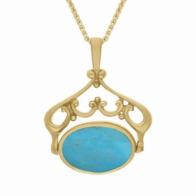 9ct Yellow Gold Whitby Jet Turquoise Double Sided Oval Swivel Fob Necklace