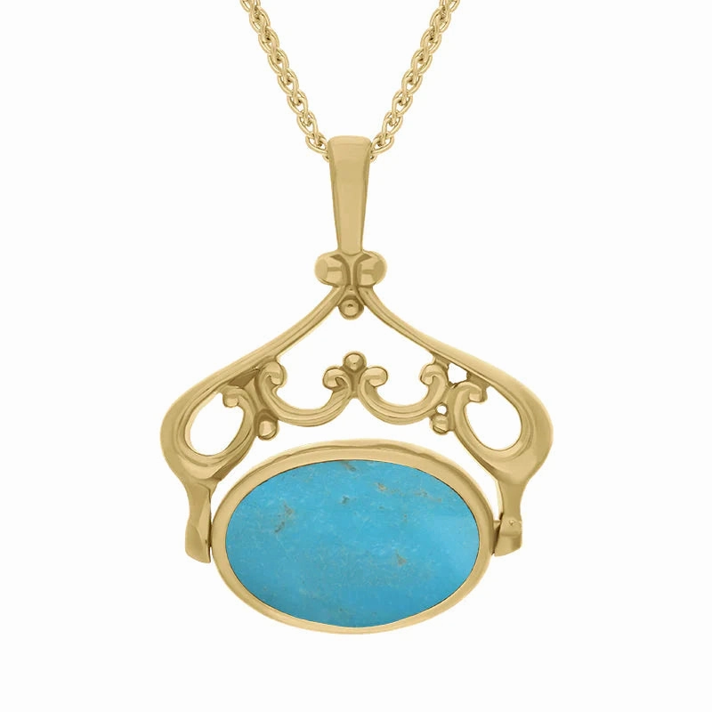 9ct Yellow Gold Whitby Jet Turquoise Double Sided Oval Swivel Fob Necklace