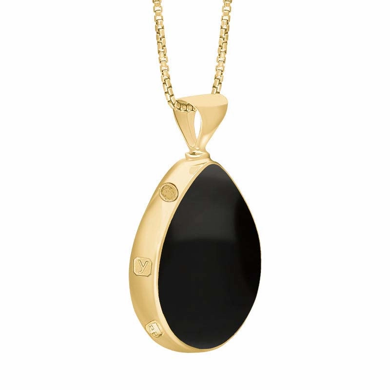 9ct Yellow Gold Whitby Jet Turquoise King's Coronation Hallmark Double Sided Pear-shaped Necklace D