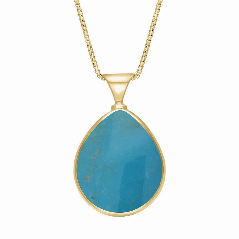 9ct Yellow Gold Whitby Jet Turquoise King's Coronation Hallmark Double Sided Pear-shaped Necklace D