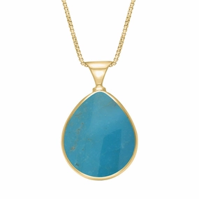 9ct Yellow Gold Whitby Jet Turquoise King's Coronation Hallmark Double Sided Pear-shaped Necklace D