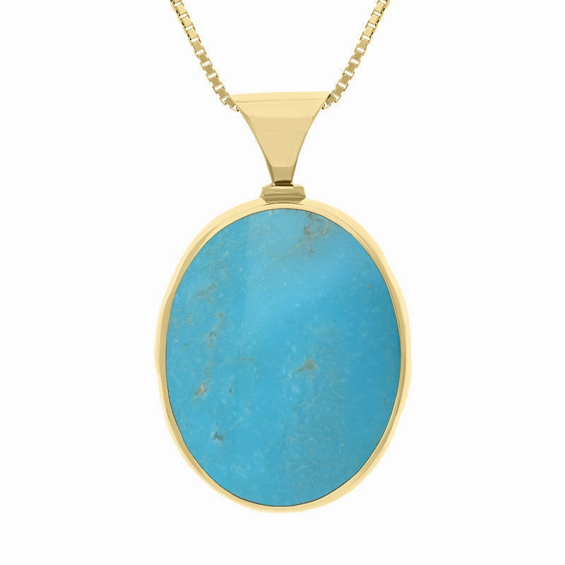 9ct Yellow Gold Whitby Jet Turquoise Queens Jubilee Hallmark Double Sided Oval Necklace D