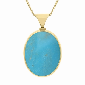 9ct Yellow Gold Whitby Jet Turquoise Queens Jubilee Hallmark Double Sided Oval Necklace D