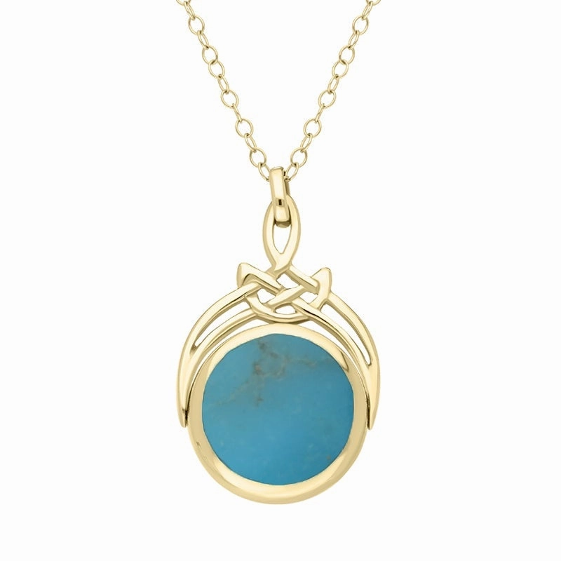 9ct Yellow Gold Whitby Jet Turquoise Round Swivel Fob Necklace