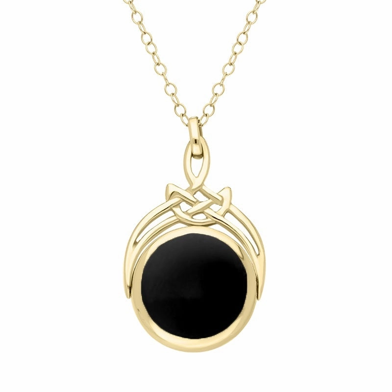 9ct Yellow Gold Whitby Jet Turquoise Round Swivel Fob Necklace