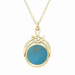 9ct Yellow Gold Whitby Jet Turquoise Round Swivel Fob Necklace