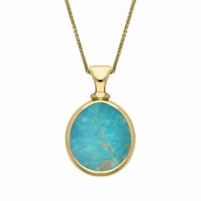 9ct Yellow Gold Whitby Jet Turquoise Small Double Sided Pear Fob Necklace