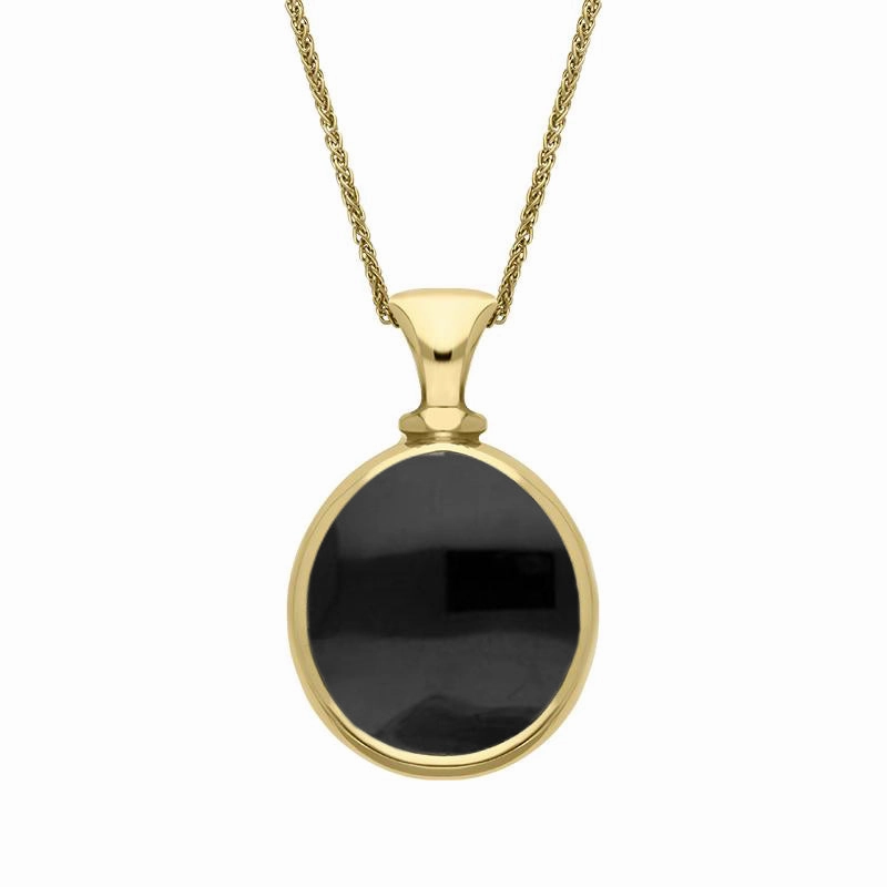 9ct Yellow Gold Whitby Jet Turquoise Small Double Sided Pear Fob Necklace