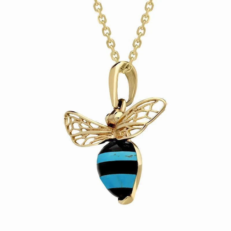 9ct Yellow Gold Whitby Jet Turquoise Winged Bee Necklace