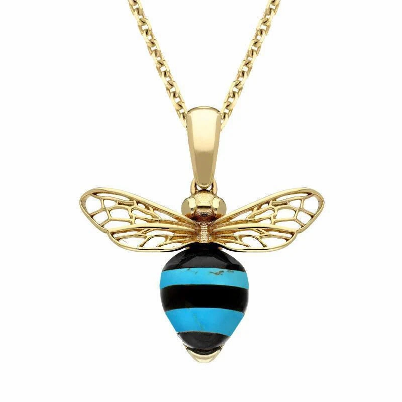 9ct Yellow Gold Whitby Jet Turquoise Winged Bee Necklace