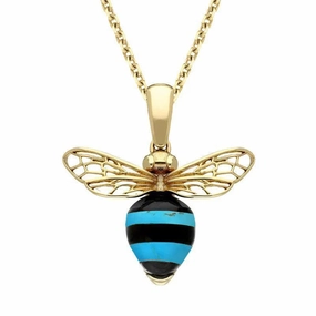 9ct Yellow Gold Whitby Jet Turquoise Winged Bee Necklace